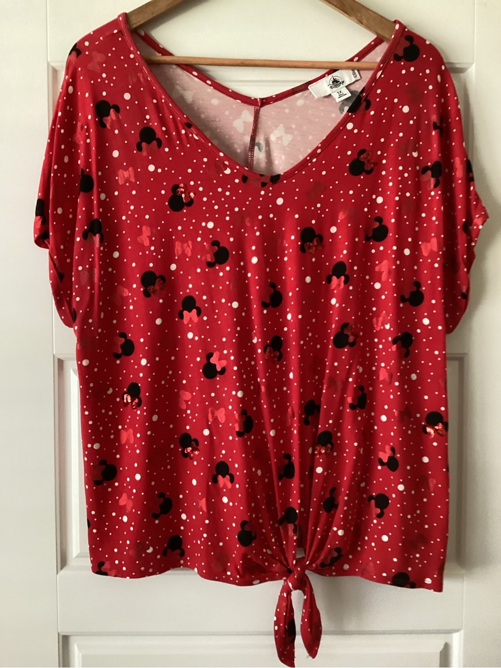 Disney Red Minnie Mouse Polka Dot Tie-Front V-Neck Top